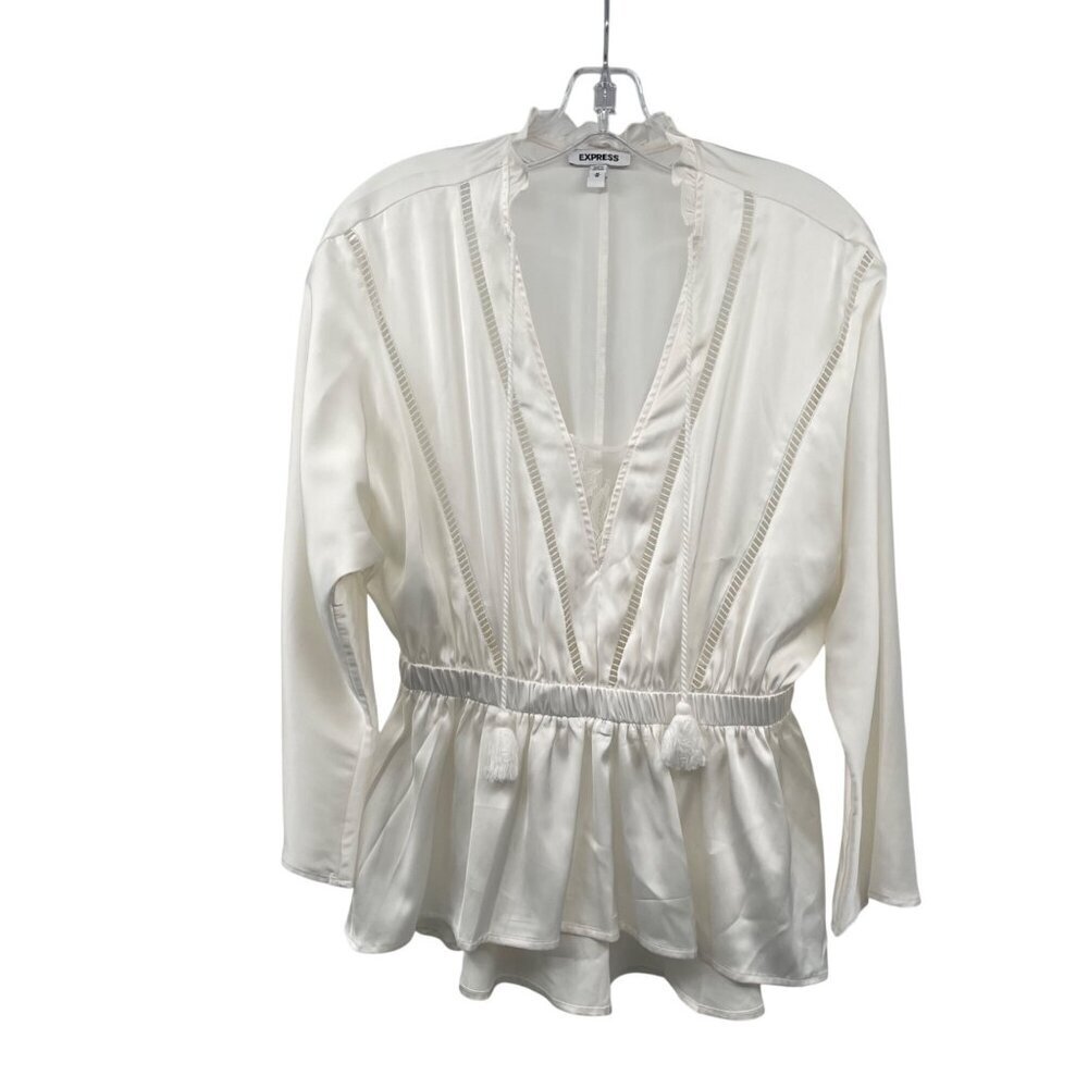Express Womens Peplum Blouse Cut Outs Dolman Long Sleeve Ivory Medium Tassels